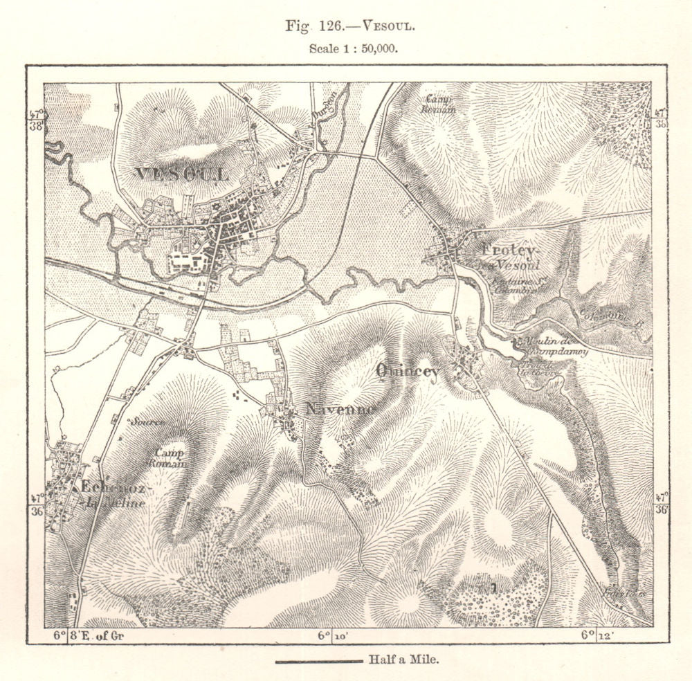 Vesoul town city plan & environs. Haute-Saône. Sketch map 1885 old antique
